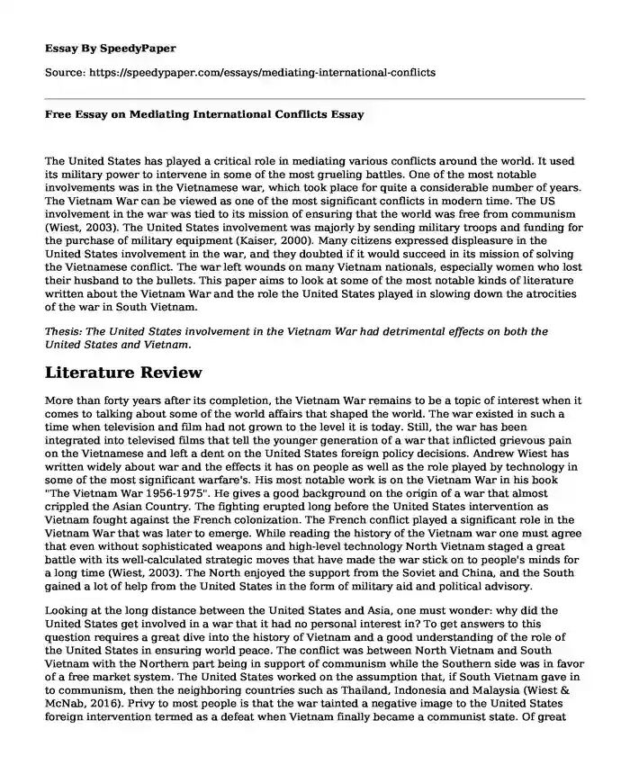 Free Essay on Mediating International Conflicts