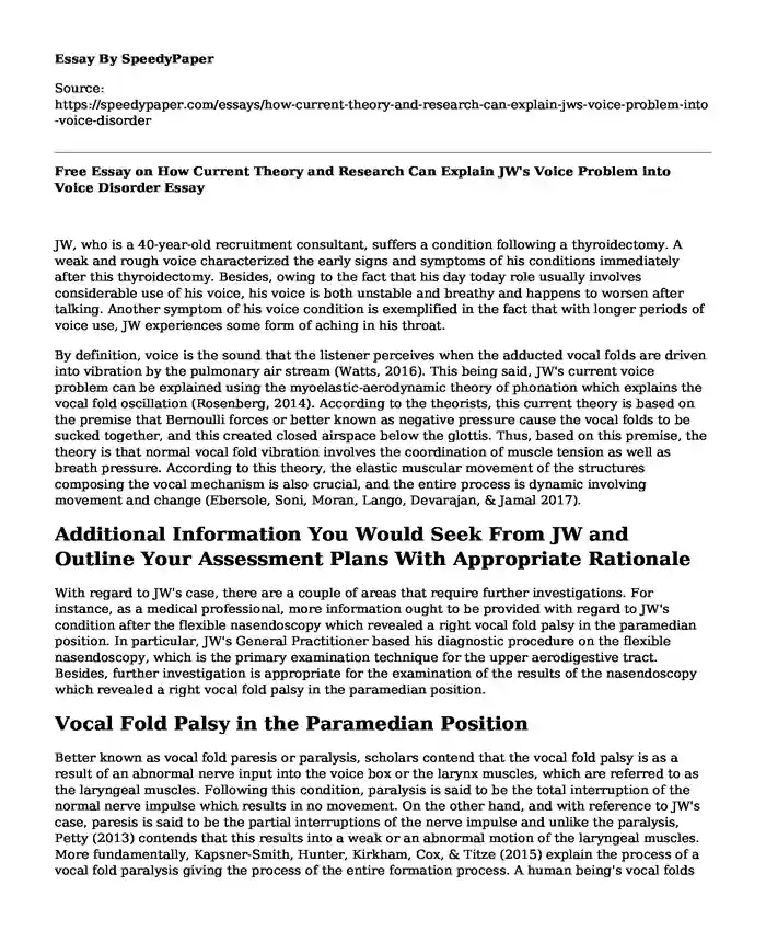 Free Essay on How Current Theory and Research Can Explain JW's Voice Problem into Voice Disorder