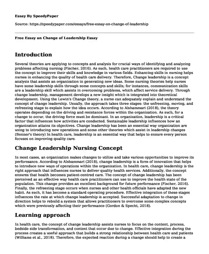 Free Essay on Change of Leadership