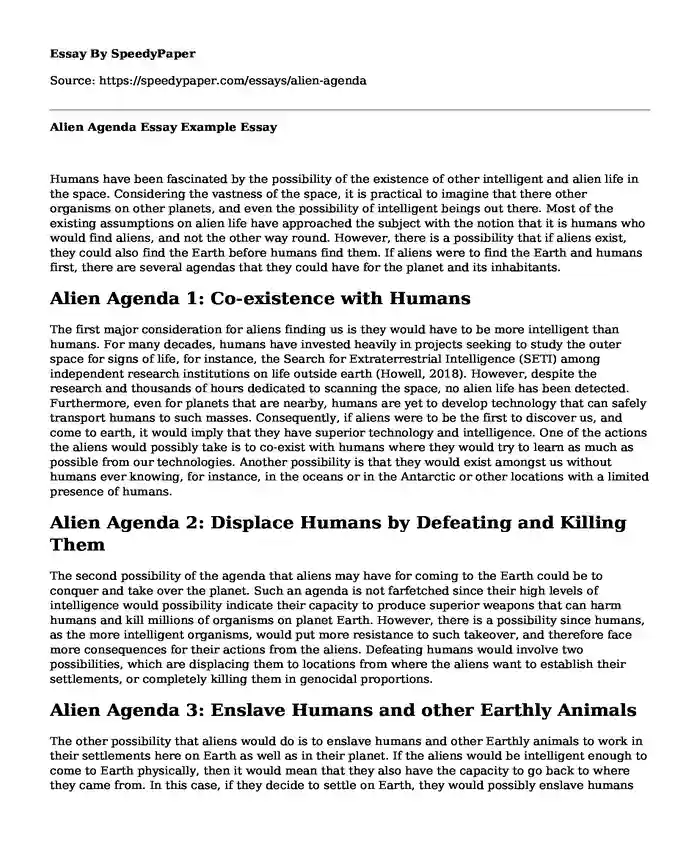 Alien Agenda Essay Example