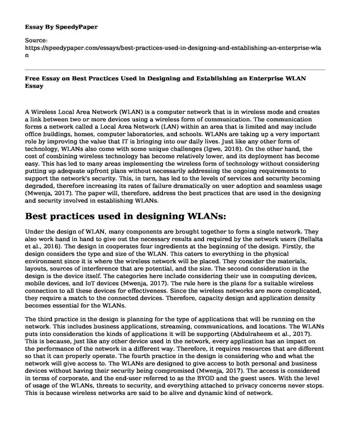 Free Essay on Best Practices Used in Designing and Establishing an Enterprise WLAN