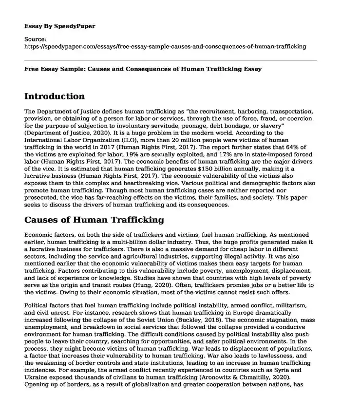 Free Essay Sample: Causes and Consequences of Human Trafficking