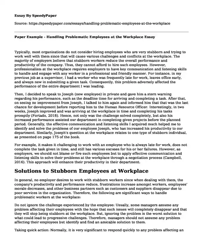 Paper Example - Handling Problematic Employees at the Workplace