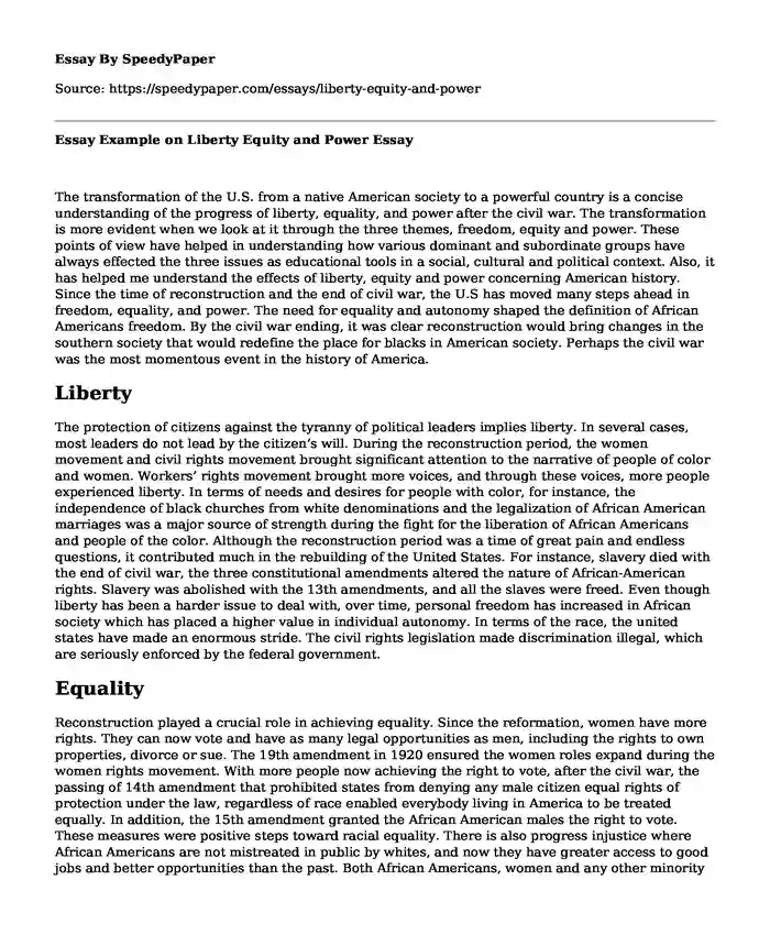 Essay Example on Liberty Equity and Power