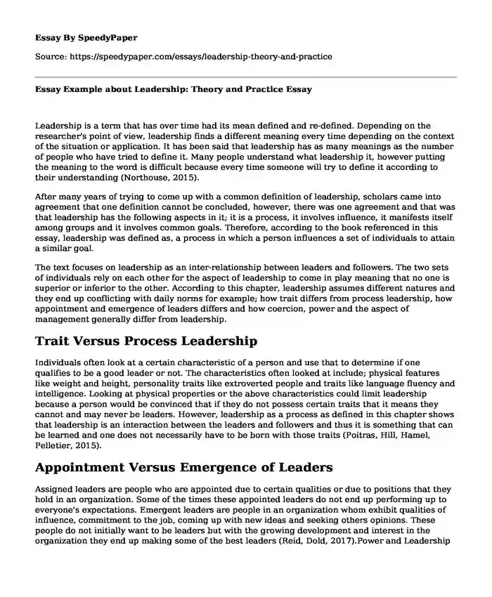 Essay Example about Leadership: Theory and Practice