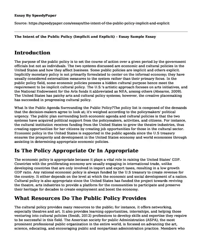 The Intent of the Public Policy (Implicit and Explicit) - Essay Sample