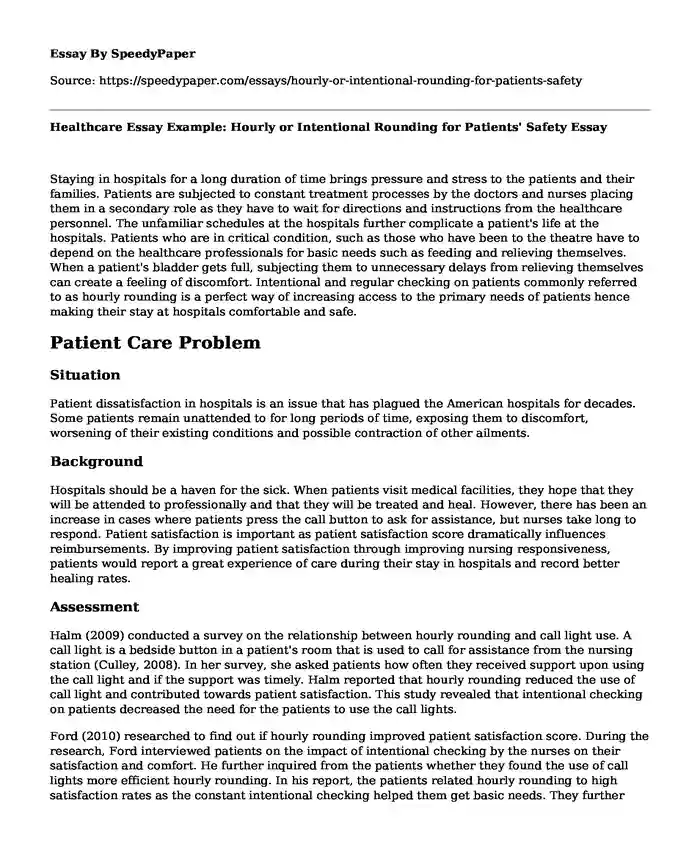 Healthcare Essay Example: Hourly or Intentional Rounding for Patients' Safety