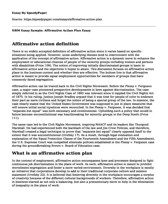 HRM Essay Sample: Affirmative Action Plan