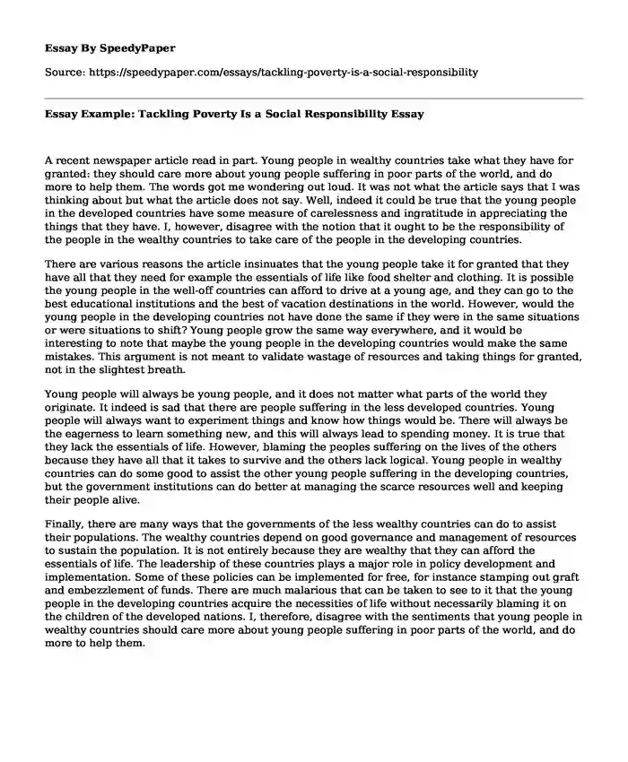 Essay Example: Tackling Poverty Is a Social Responsibility