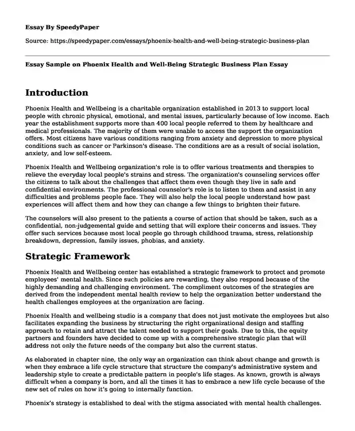 Essay Sample on Phoenix Health and Well-Being Strategic Business Plan