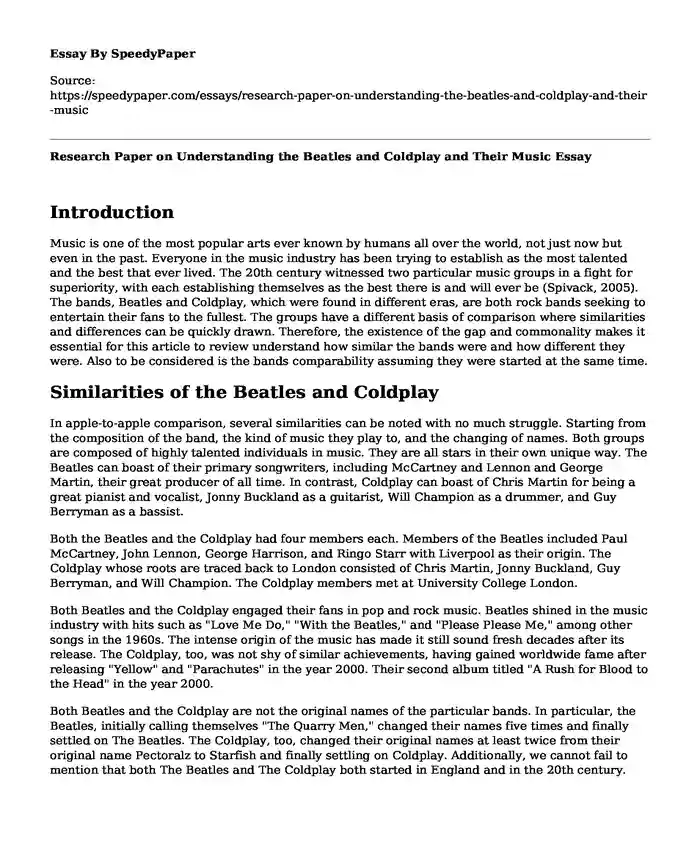 Research Paper on Understanding the Beatles and Coldplay and Their Music