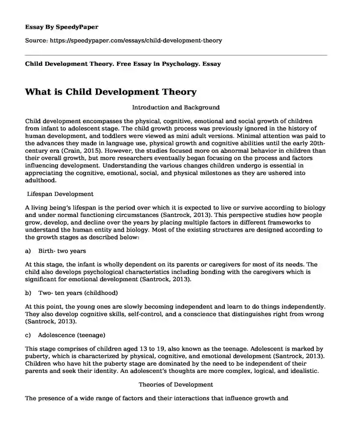 Child Development Theory. Free Essay in Psychology.