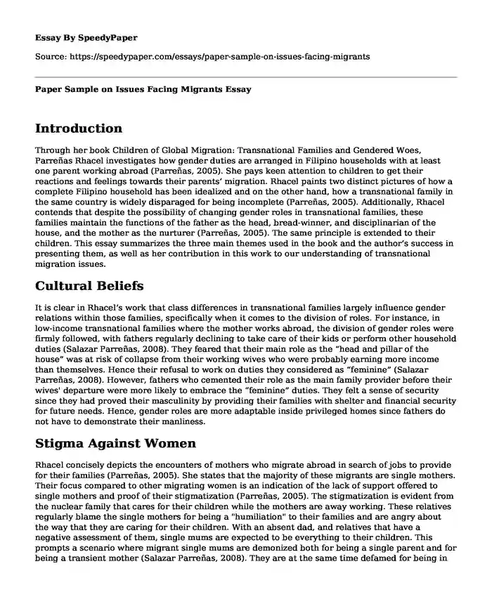 Paper Sample on Issues Facing Migrants
