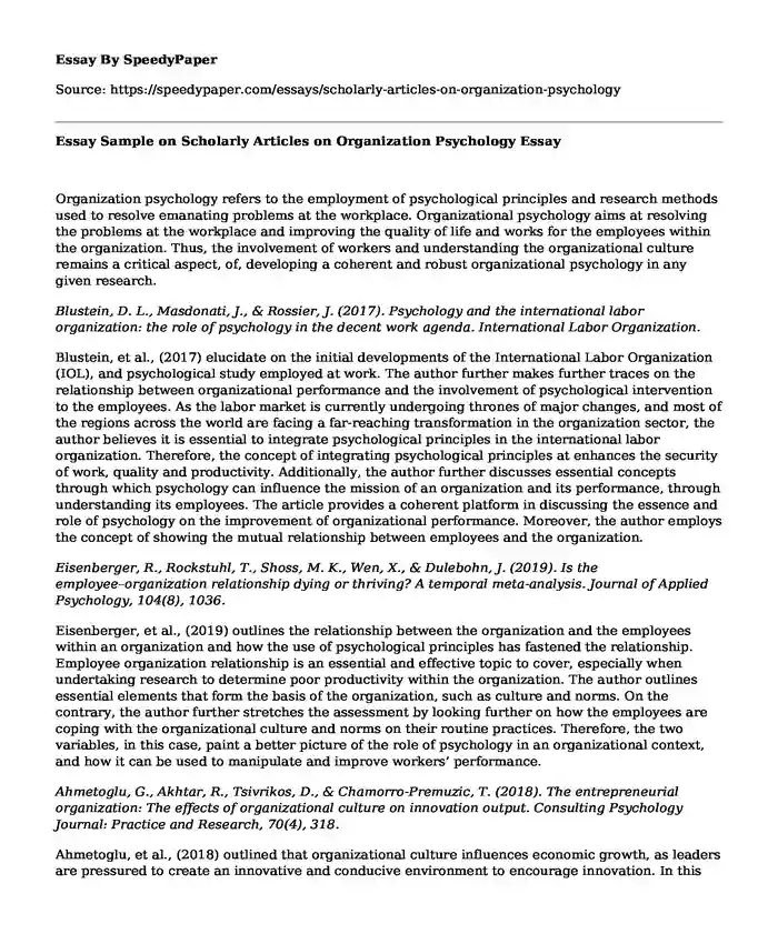 Essay Sample on  Scholarly Articles on Organization Psychology