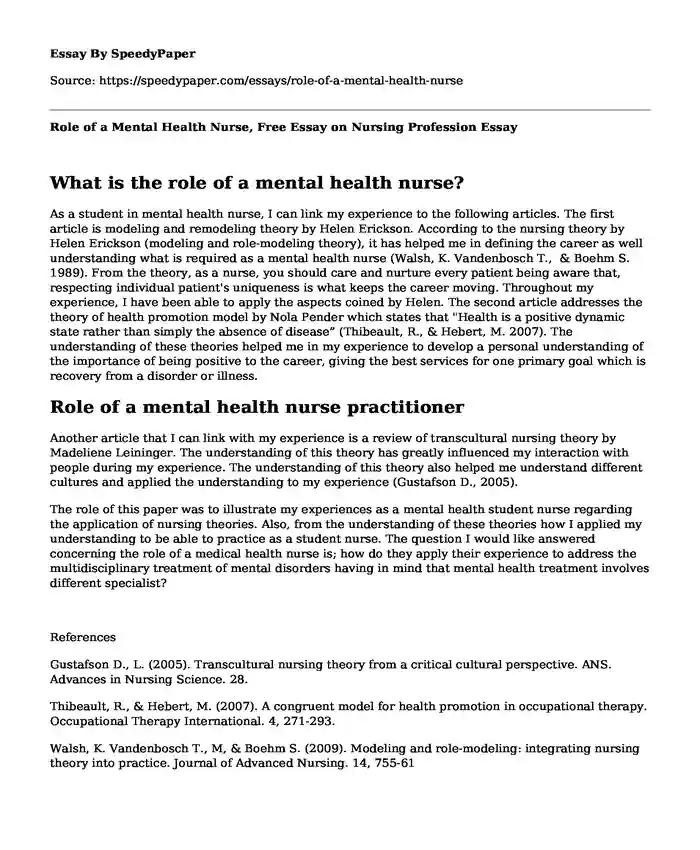 Role of a Mental Health Nurse, Free Essay on Nursing Profession