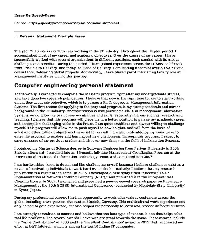 sample personal statement for information technology