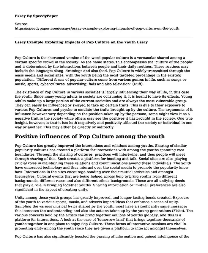 Essay Example Exploring Impacts of Pop Culture on the Youth