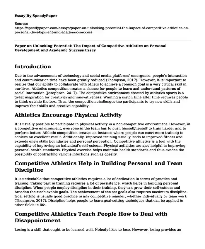Paper on Unlocking Potential: The Impact of Competitive Athletics on Personal Development and Academic Success