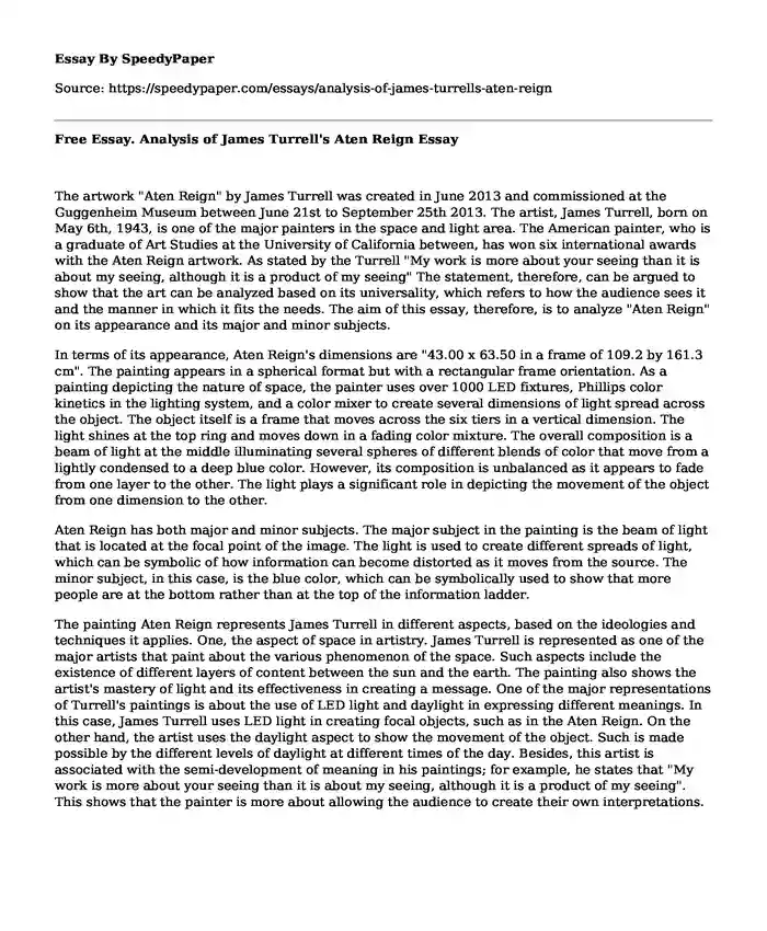 Free Essay. Analysis of James Turrell's Aten Reign