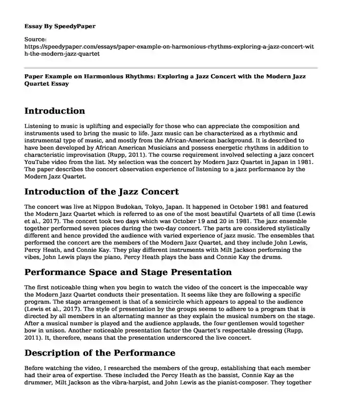Paper Example on Harmonious Rhythms: Exploring a Jazz Concert with the Modern Jazz Quartet