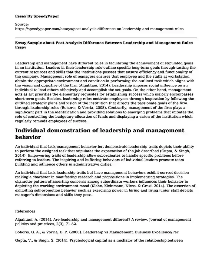 Essay Sample about Post Analysis Difference Between Leadership and Management Roles