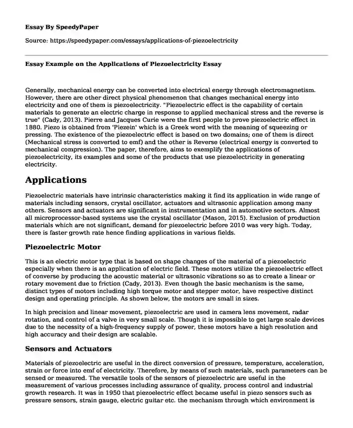 Essay Example on the Applications of Piezoelectricity