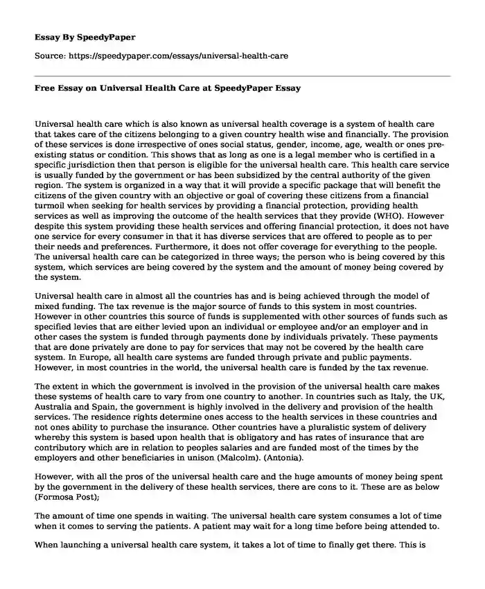 Free Essay on Universal Health Care at SpeedyPaper