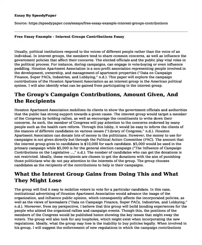 Free Essay Example - Interest Groups Contributions
