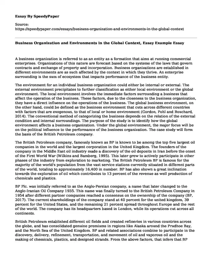 Business Organization and Environments in the Global Context, Essay Example
