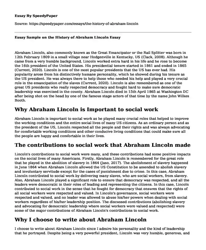 Essay Sample on the History of Abraham Lincoln