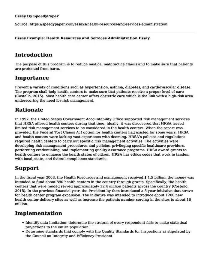 Essay Example: Health Resources and Services Administration