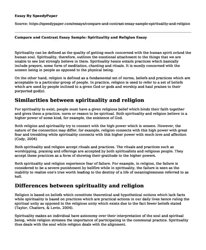 Compare and Contrast Essay Sample: Spirituality and Religion