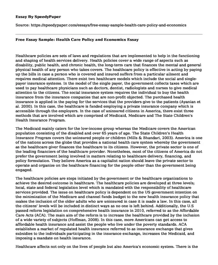 Free Essay Sample: Health Care Policy and Economics
