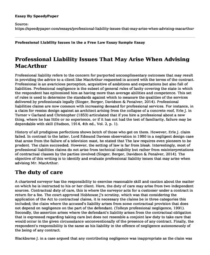 Professional Liability Issues in the a Free Law Essay Sample