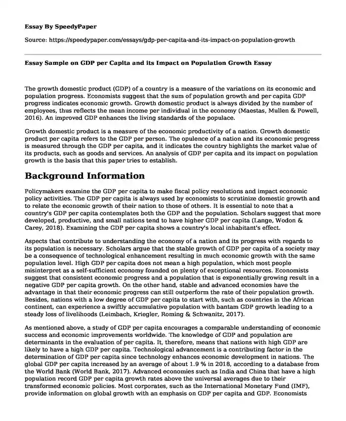 Essay Sample on GDP per Capita and its Impact on Population Growth