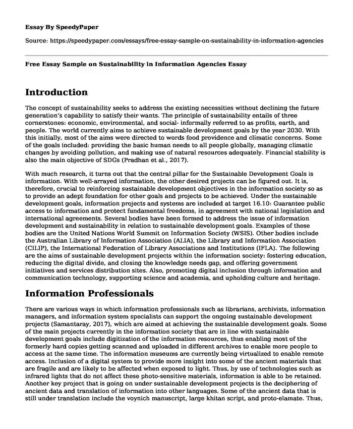Free Essay Sample on Sustainability in Information Agencies