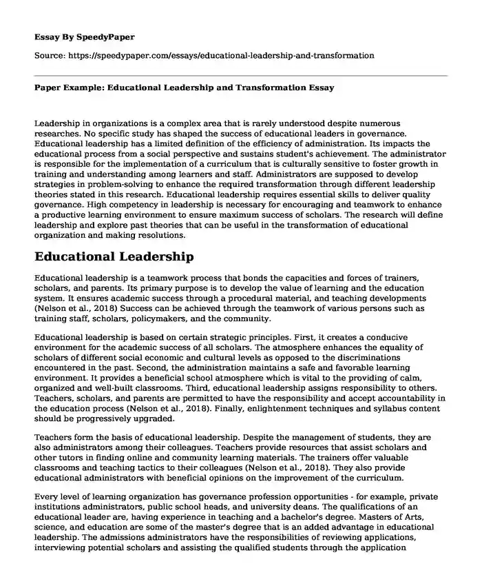 Paper Example: Educational Leadership and Transformation