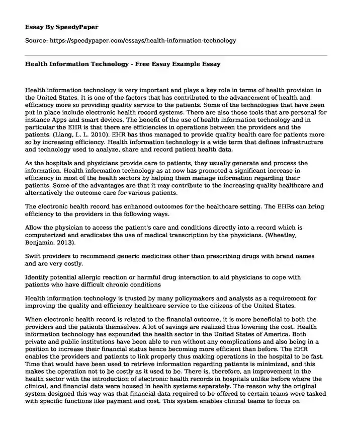 Health Information Technology - Free Essay Example
