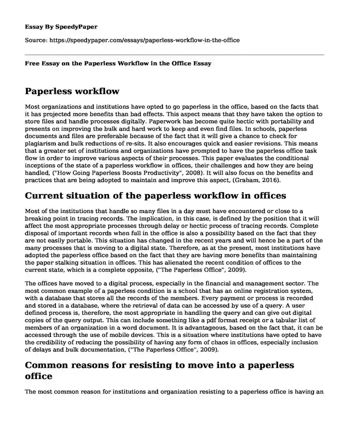 Free Essay on the Paperless Workflow in the Office