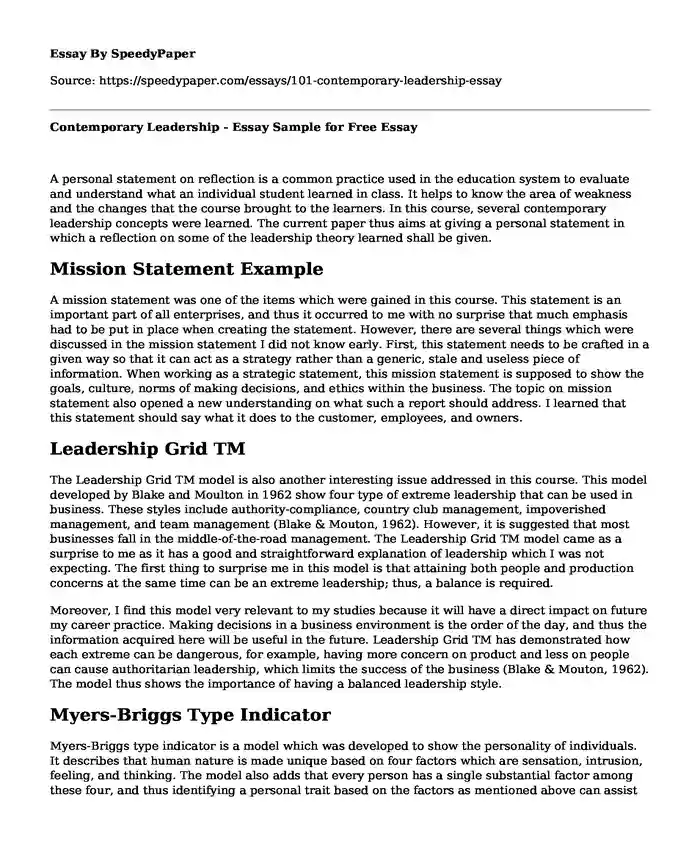 Contemporary Leadership - Essay Sample for Free
