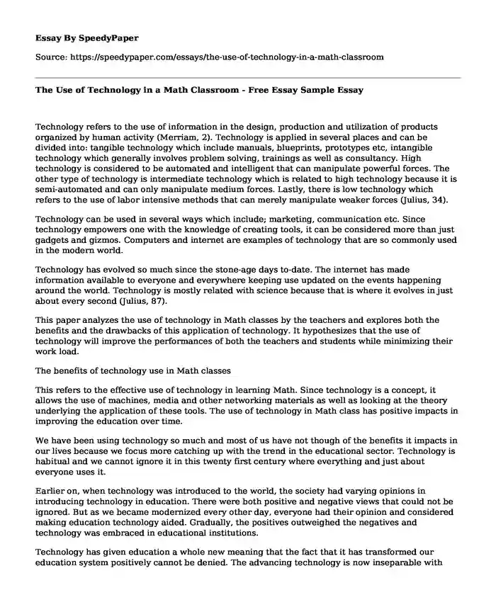 The Use of Technology in a Math Classroom - Free Essay Sample