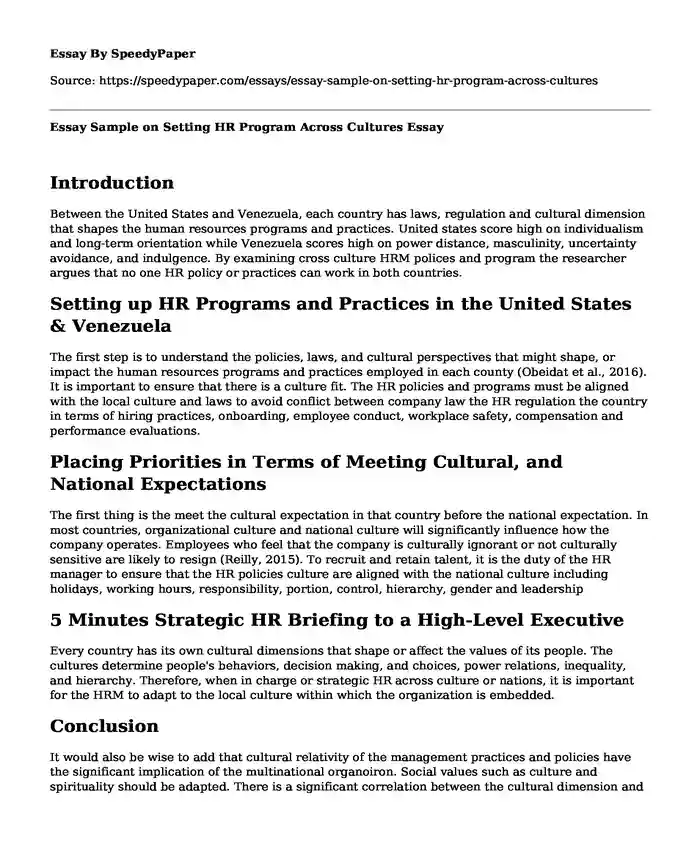 Essay Sample on Setting HR Program Across Cultures