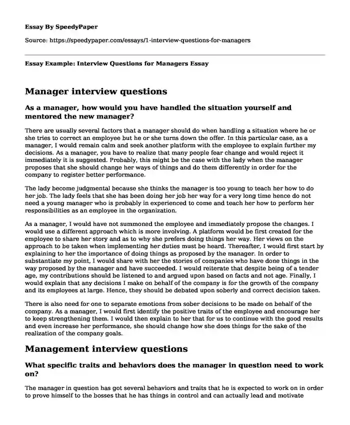 Essay Example: Interview Questions for Managers