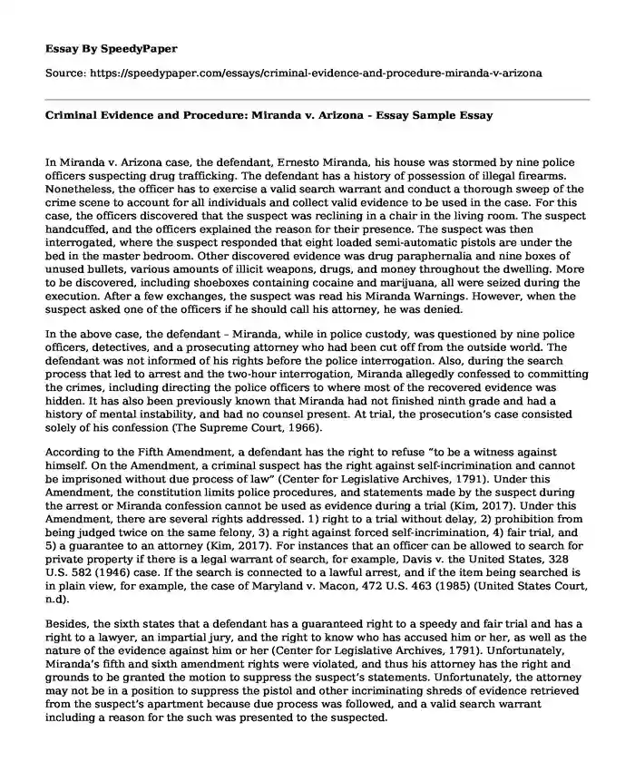 Criminal Evidence and Procedure: Miranda v. Arizona - Essay Sample