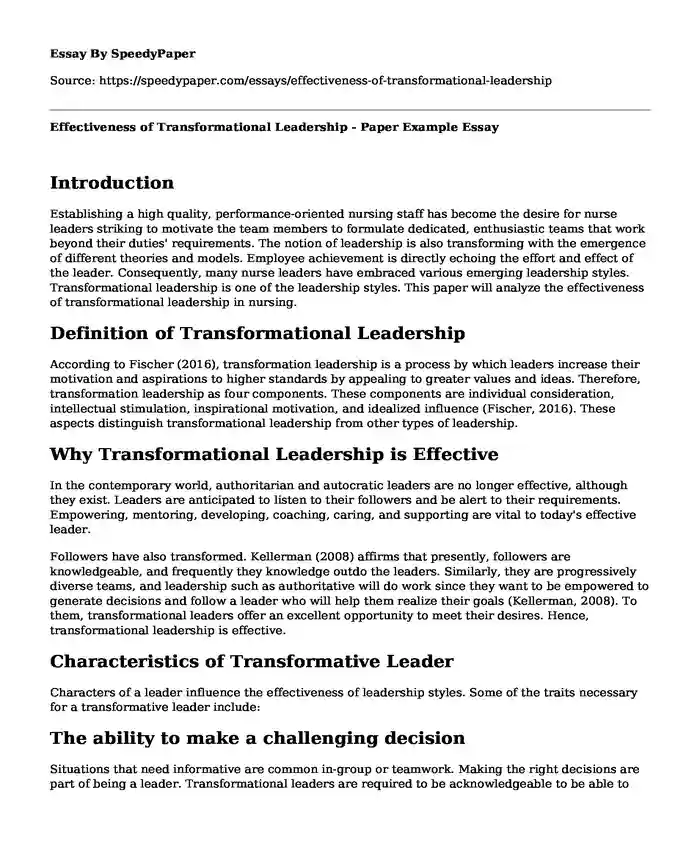 Effectiveness of Transformational Leadership - Paper Example