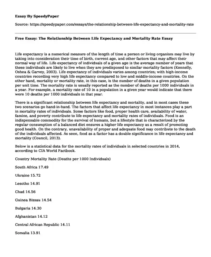 Free Essay: The Relationship Between Life Expectancy and Mortality Rate