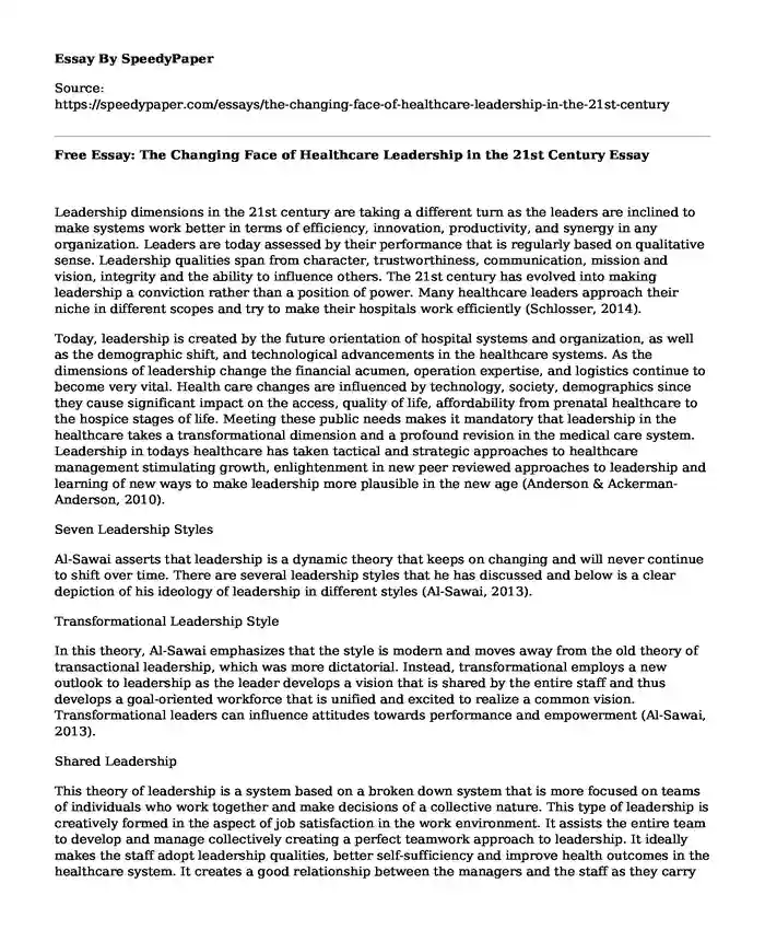 Free Essay: The Changing Face of Healthcare Leadership in the 21st Century