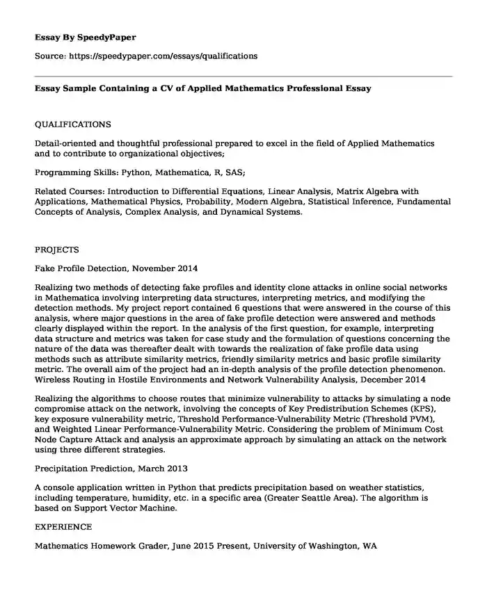 Essay Sample Containing a CV of Applied Mathematics Professional