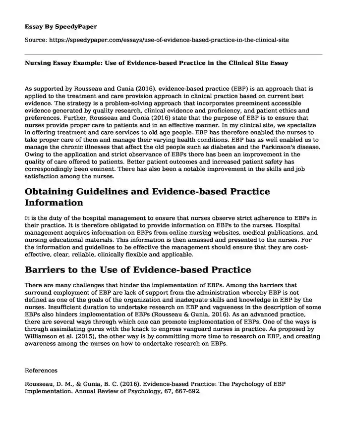 Nursing Essay Example: Use of Evidence-based Practice in the Clinical Site