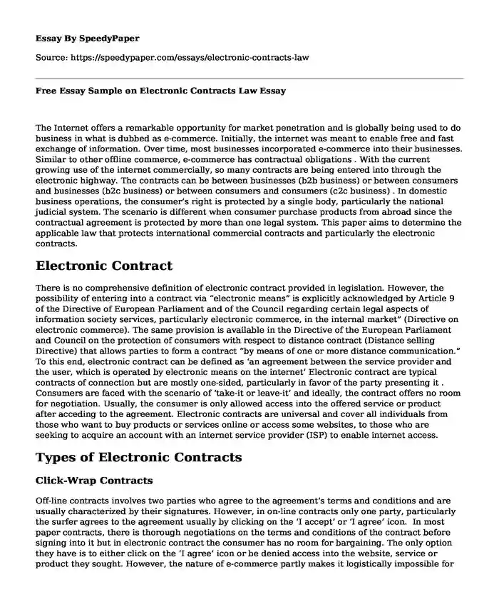 Free Essay Sample on Electronic Contracts Law